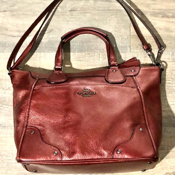 Coach Handbags - Coach Leather Mickie Shoulder Tote in Metallic Cherry